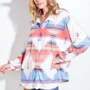 Western Coastal Cowgirl Diamond Aztec Cream Button Shacket with Collar & Pockets